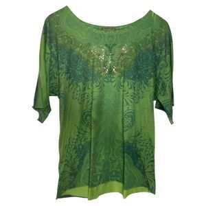 Jane Ashley Green Patterned Butterfly Rhinestone Top Y2K Boho Size XL